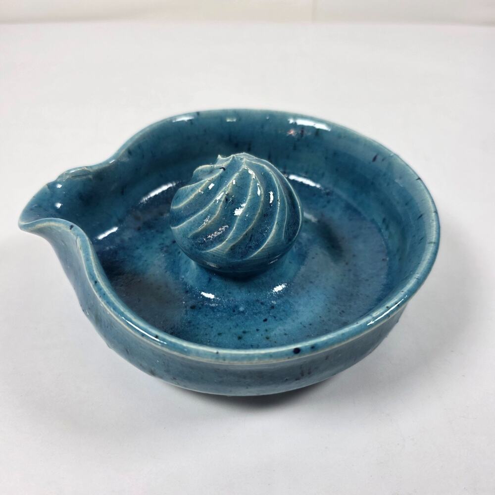 Vintage Artist Signed Pottery Orange Lemon Citrus Juicer Blue speckled